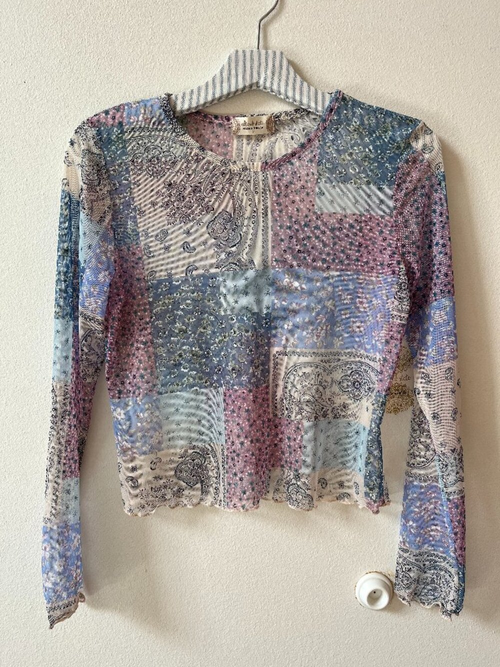 Alter'd State Patchwork Pattern Mesh Long Sleeve Top Sheer Crop Top Medium